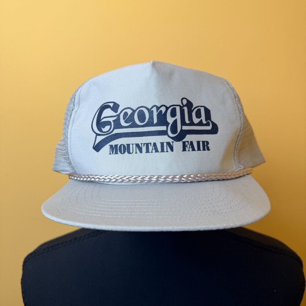 VTG 90s Georgia Mountain Fair Trucker Hat Gray San Sun Snapback Rope Cap Mesh